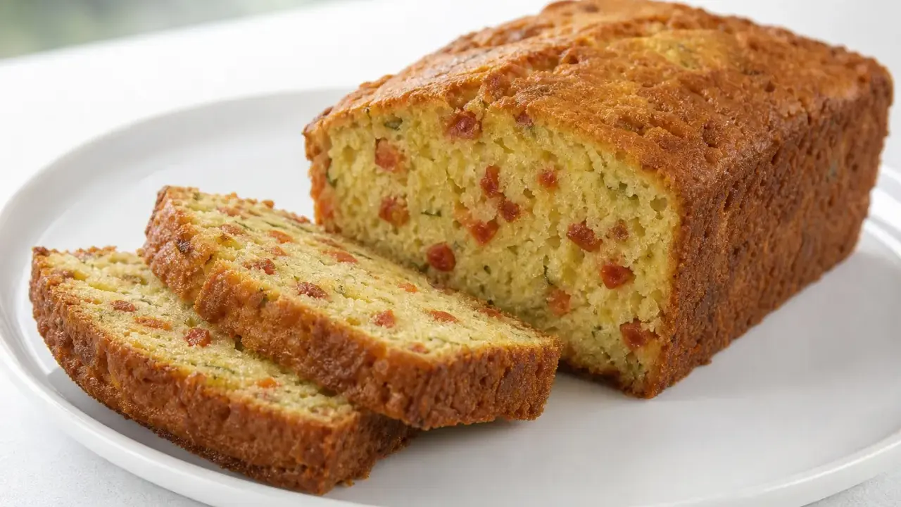 Tranche de cake salé au chorizo, parsemé de petits morceaux rouges et de fines herbes vertes.