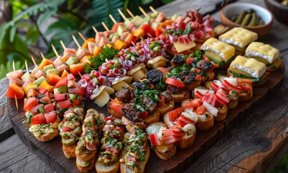 Plateau d'amuse-bouches variés : brochettes de fruits et légumes, toasts garnies de viandes, fromages et crudités. Parfait pour une recette apéro rapide et conviviale.