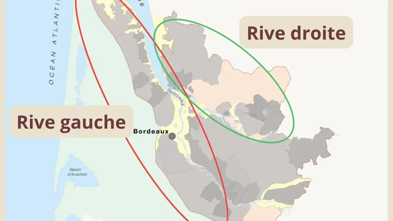 Carte des vignobles de Bordeaux, délimitant la rive gauche (rouge) et la rive droite (verte), avec l'océan Atlantique et le bassin d'Arcachon.