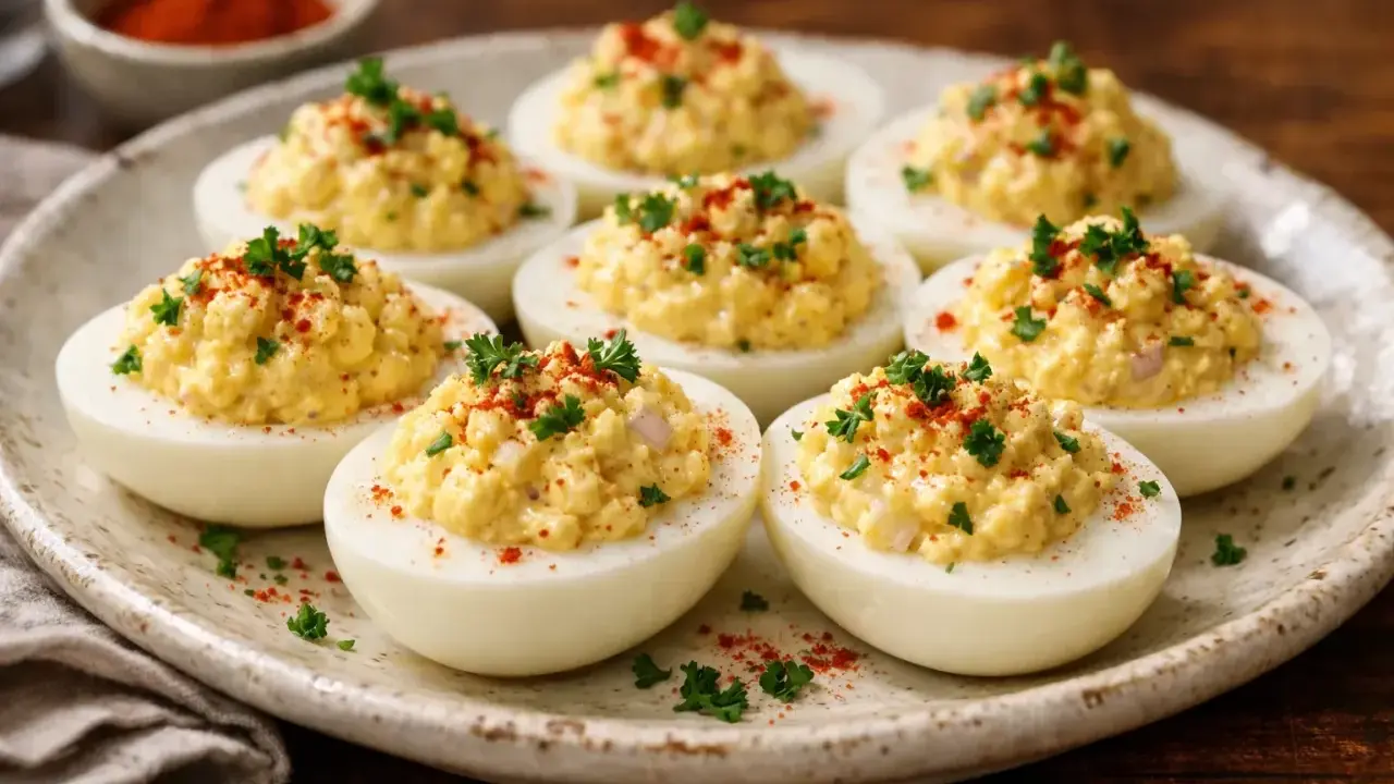Plate of delicious oeufs mimosa, garnished with paprika and parsley.