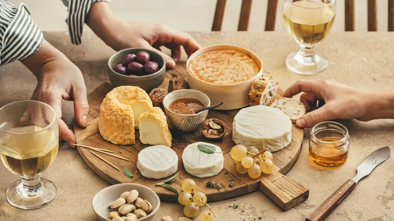 Un tableau accord vin et fromage avec divers fromages, olives, noix, raisins, pistaches et miel.