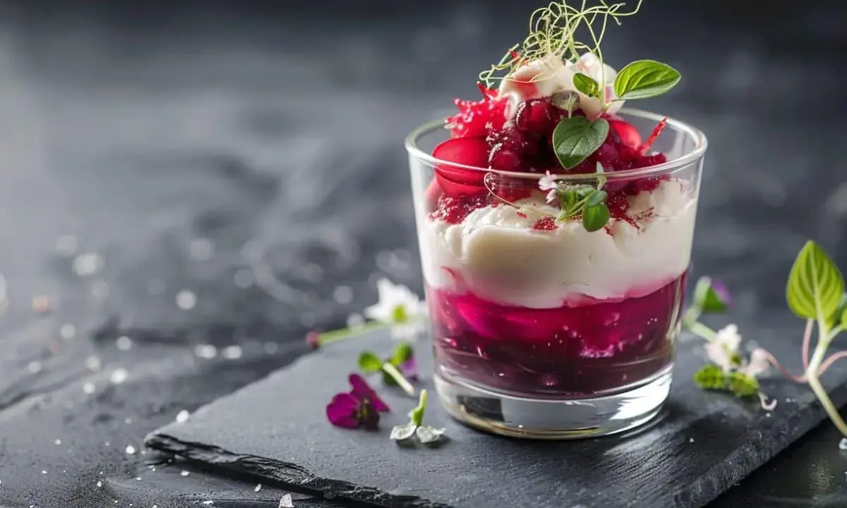Verrines betteraves boursin vinaigre balsamique miel, une création culinaire aux couches vibrantes et garniture délicate.