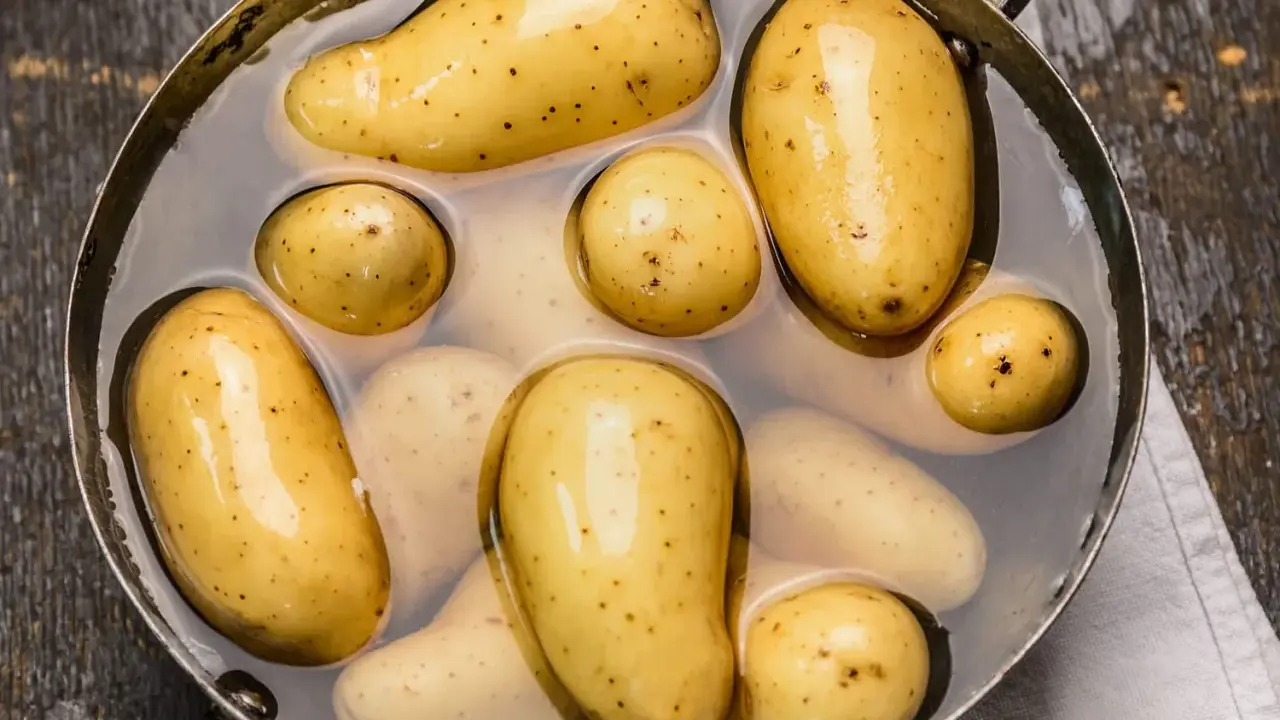 Des pommes de terre nouvelles dans une casserole d'eau, prêtes pour une délicieuse recette de pomme de terre.