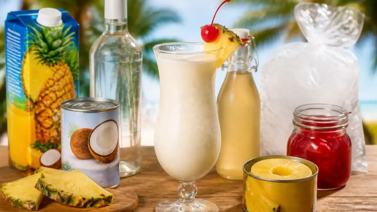 Verre de pina colada avec ananas, noix de coco, rhum et glace, prêt à être dégusté sous les palmiers.