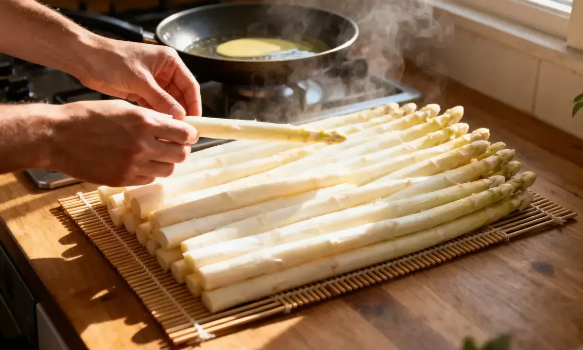 Préparation d'une recette d'asperges blanches. Des mains tiennent une asperge, tandis qu'une poêle chauffe en arrière-plan.