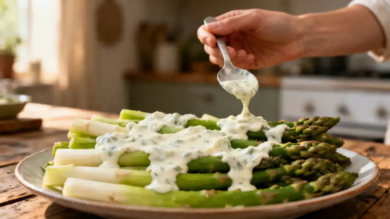 Une cuillère verse une sauce crémeuse sur un plat d'asperges chaudes, vertes et blanches.