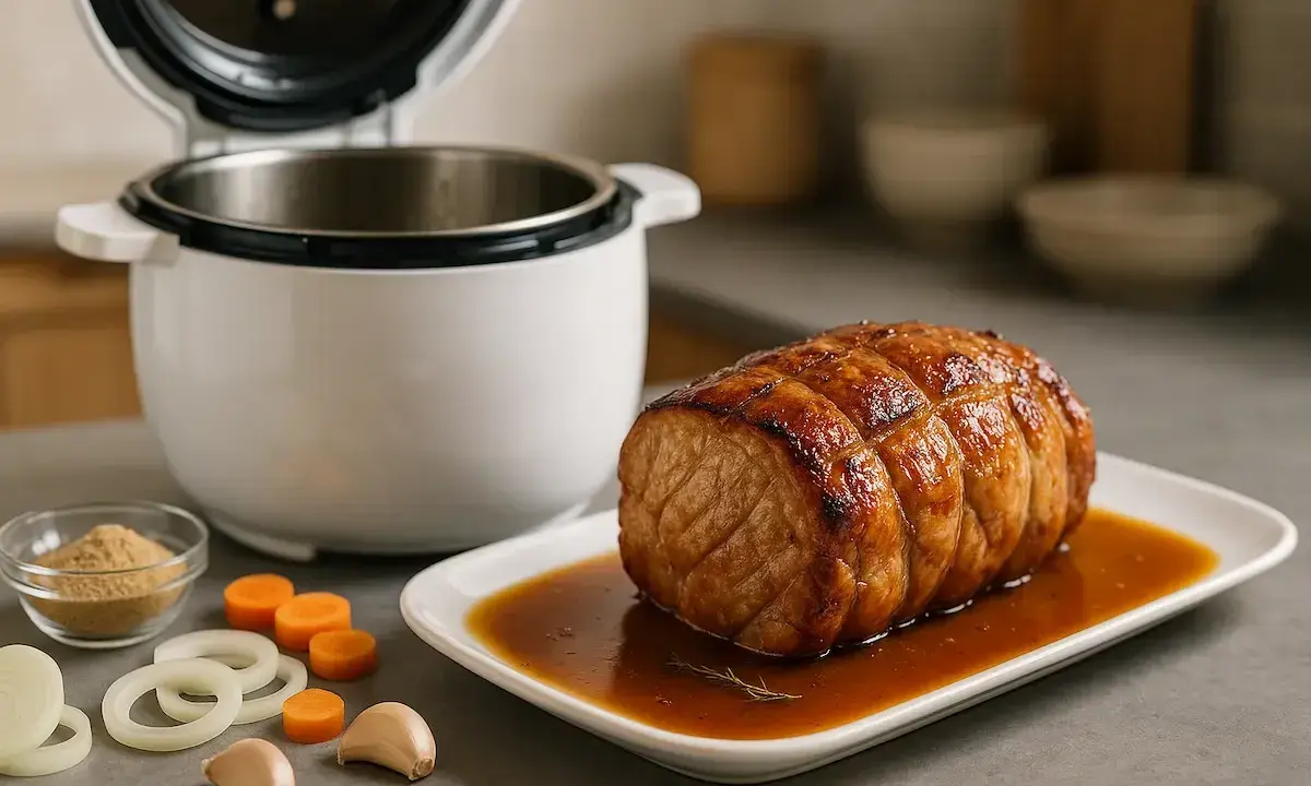 Un délicieux roti de porc cookeo, doré et juteux, baignant dans sa sauce. Ingrédients frais à côté : ail, oignon, carottes, épices.