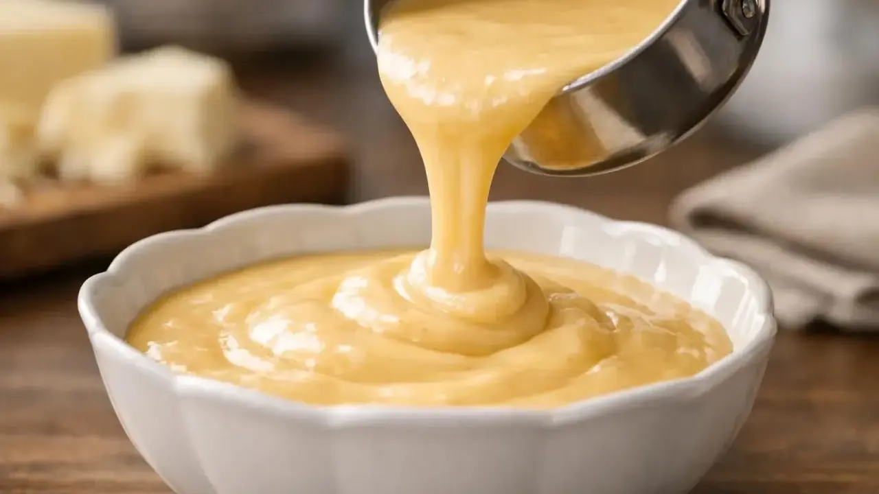 Une louche verse une sauce onctueuse et dorée dans un bol blanc. C'est la sauce au langres, prête à être dégustée.