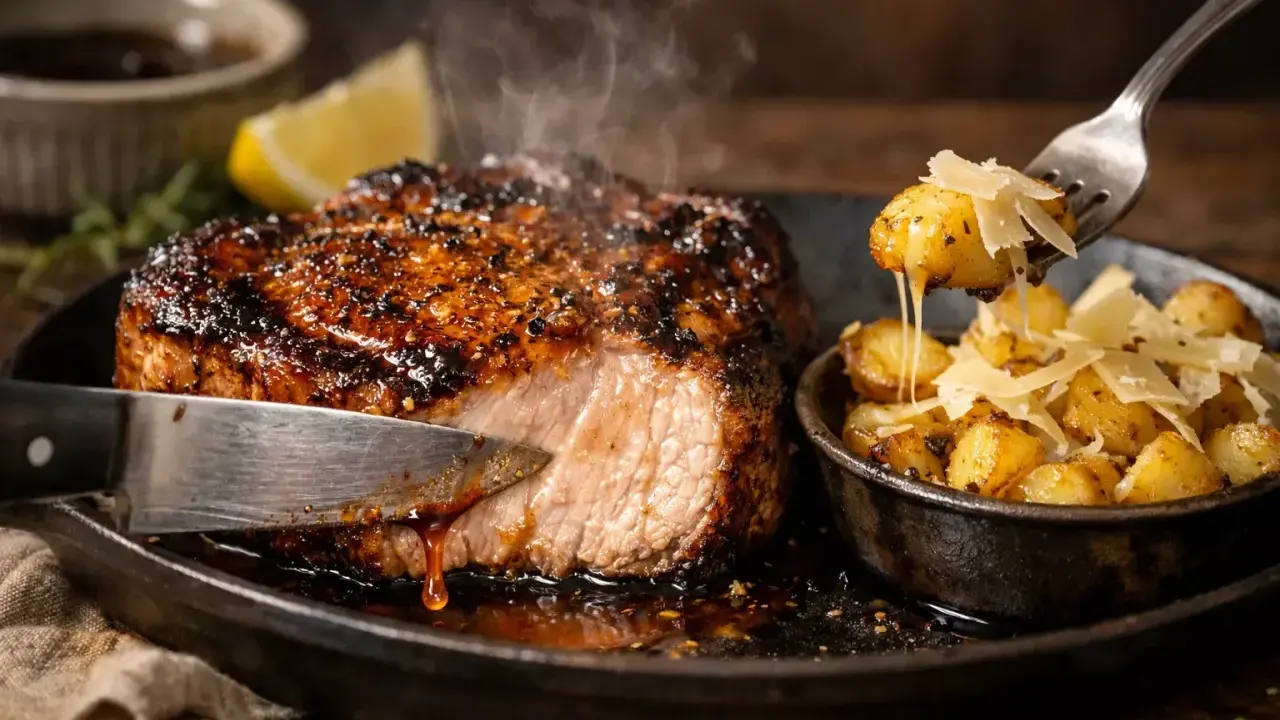 Côte de porc juteuse, parfaitement saisie, accompagnée de pommes de terre rôties et de copeaux de parmesan. La marinade a créé une croûte dorée irrésistible.
