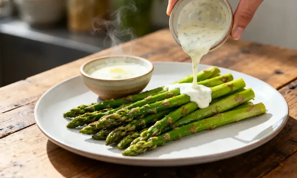 Une sauce hollandaise au siphon est versée sur des asperges vertes sur une assiette.