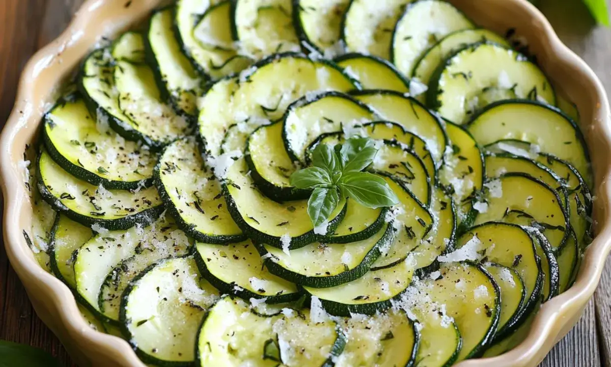 Un délicieux tian de courgettes, joliment disposé en spirale, parsemé d'herbes et de fromage râpé, avec une touche de basilic frais au centre.