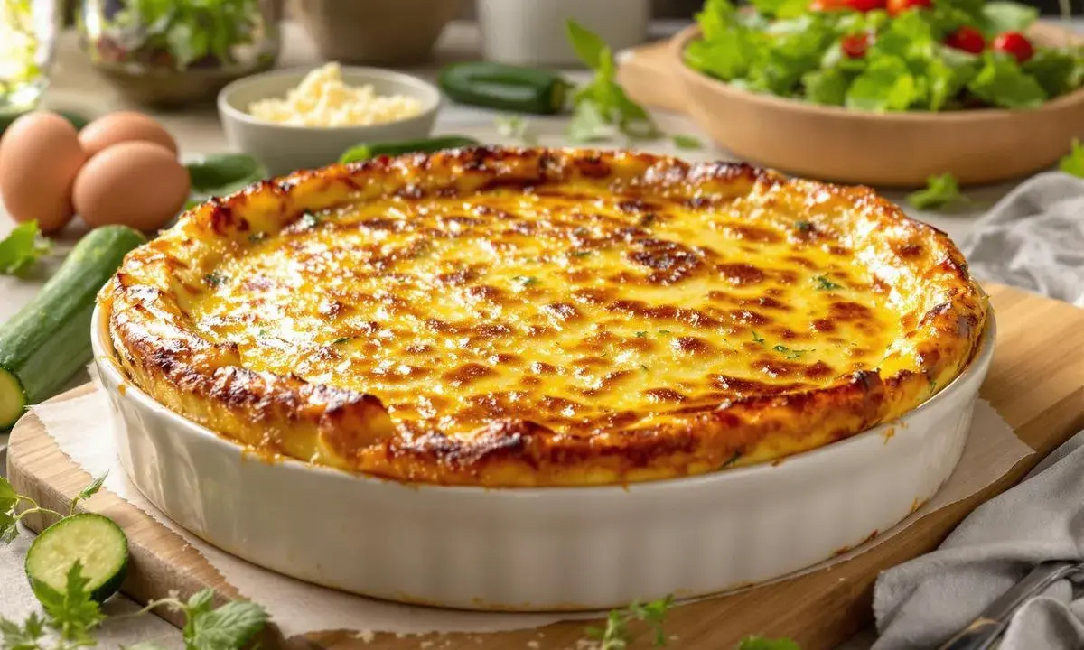 Un délicieux flan de courgettes doré et gratiné, prêt à être dégusté. Des courgettes fraîches, des œufs et du fromage composent ce plat savoureux.