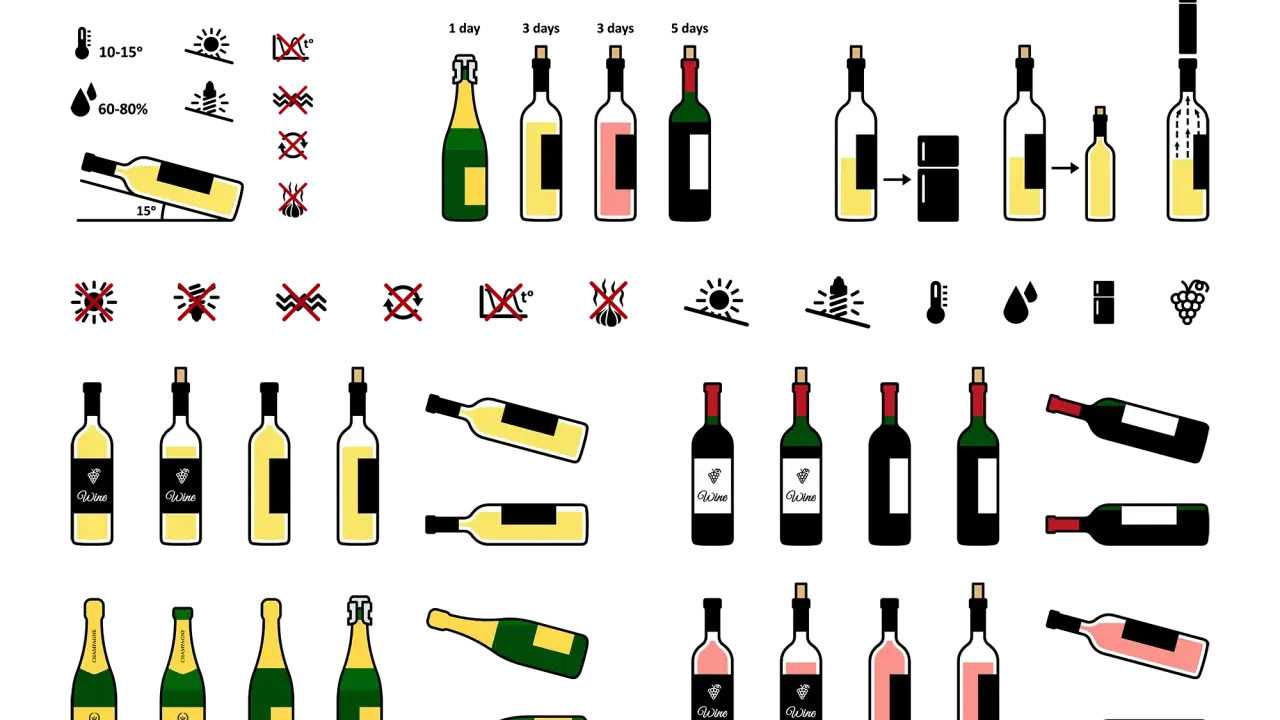 Illustration de bouteilles de vin et de champagne, certaines couchées, d'autres debout, prêtes à chambrer le vin.