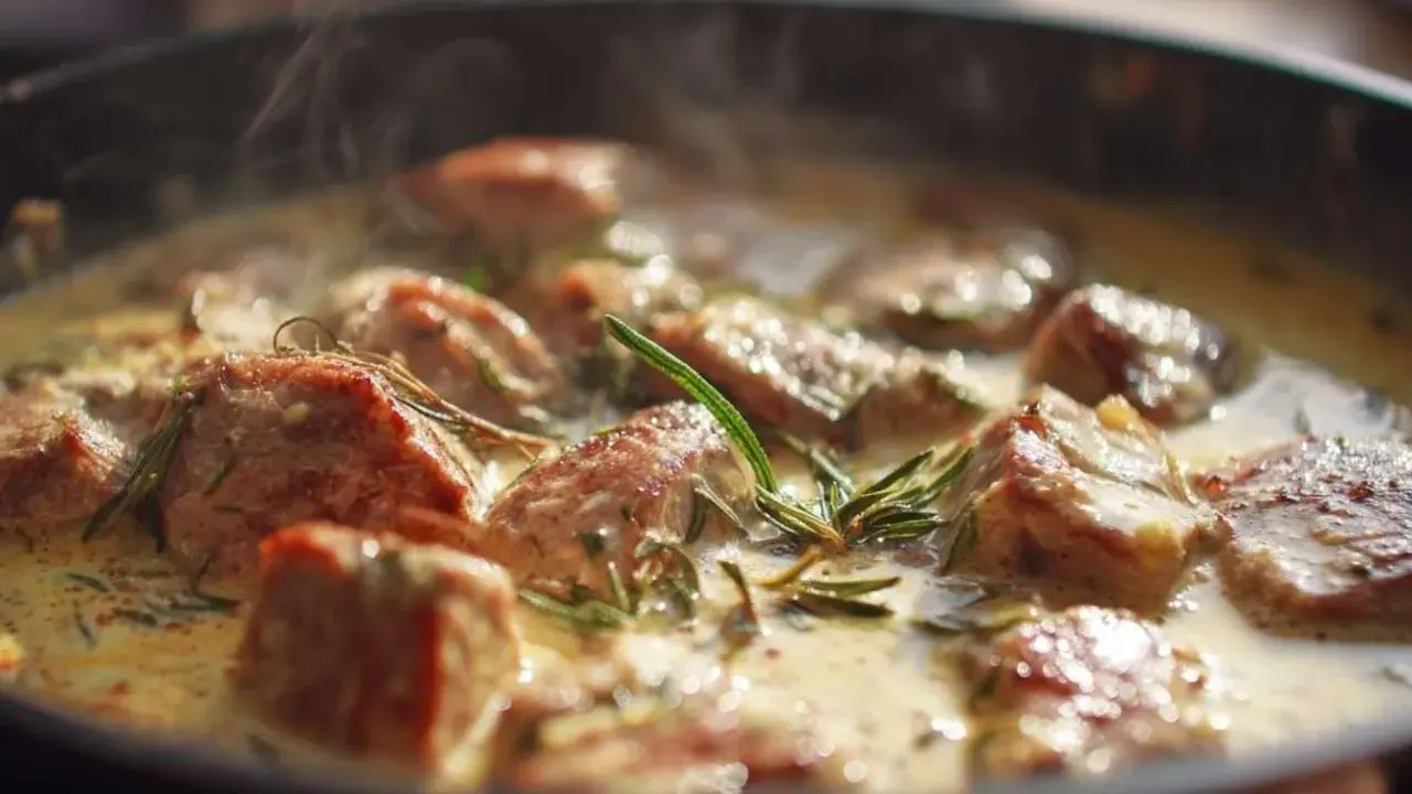 Délicieux sauté de porc mijotant dans une sauce crémeuse, parfumé au romarin. La vapeur s'échappe doucement de la poêle.