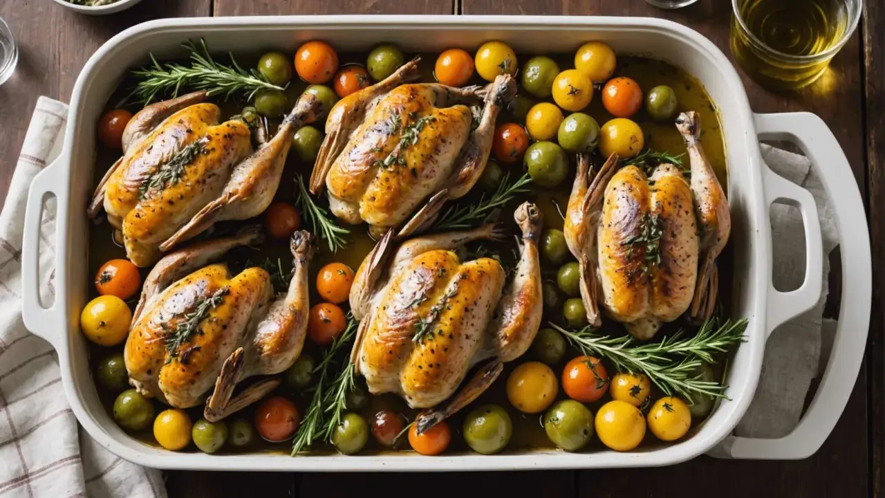 Cinq coquelets au four dorés, accompagnés de tomates cerises multicolores et de romarin frais, dans un plat blanc.
