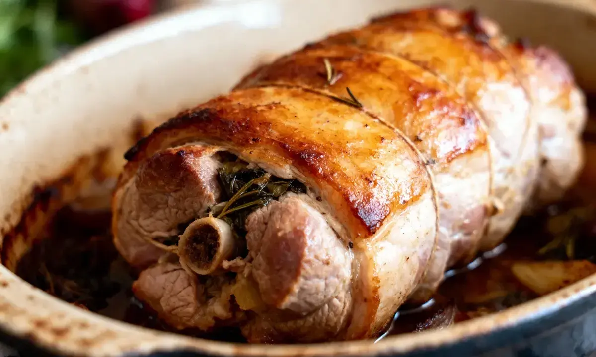 Paupiette de porc dorée et savoureuse, farcie d'herbes et cuite au four dans un plat en céramique.