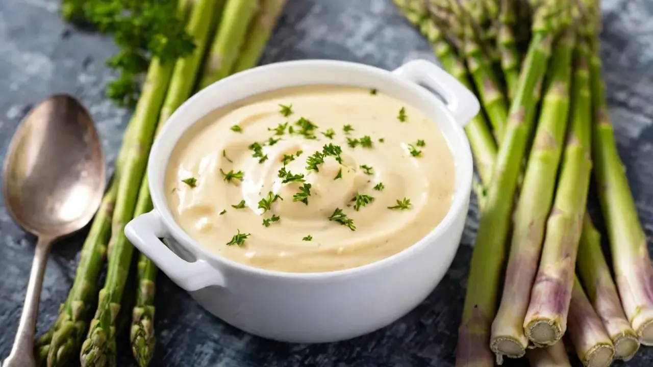 Un bol de sauce mousseline onctueuse, garni de persil frais, est présenté avec des asperges vertes et une cuillère.