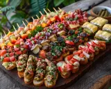 Plateau d'amuse-bouches variés : brochettes de fruits et légumes, toasts garnies de viandes, fromages et crudités. Parfait pour une recette apéro rapide et conviviale.