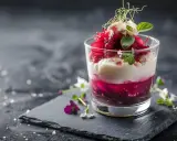 Verrines betteraves boursin vinaigre balsamique miel, une création culinaire aux couches vibrantes et garniture délicate.