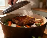 Gigot d'agneau rôti, prêt pour une recette agneau pascal, avec carottes, oignons et ail dans une cocotte fumante.