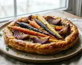 Tarte rustique aux carottes multicolores, oignons rouges rôtis et touche de moutarde, garnie de thym frais.