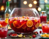 Un grand bol de punch fruité rouge avec des tranches d'orange et des baies, parfait pour une recette punch simple.