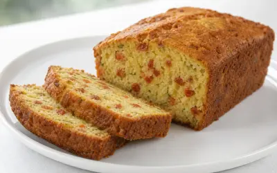 Tranche de cake salé au chorizo, parsemé de petits morceaux rouges et de fines herbes vertes.