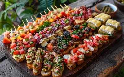 Plateau d'amuse-bouches variés : brochettes de fruits et légumes, toasts garnies de viandes, fromages et crudités. Parfait pour une recette apéro rapide et conviviale.