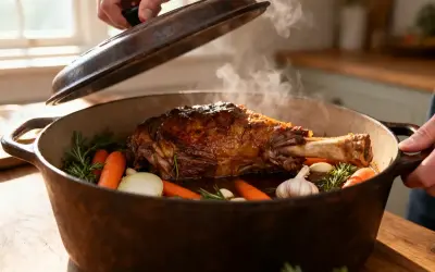 Gigot d'agneau rôti, prêt pour une recette agneau pascal, avec carottes, oignons et ail dans une cocotte fumante.