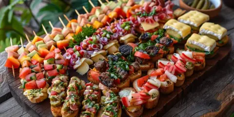 Plateau d'amuse-bouches variés : brochettes de fruits et légumes, toasts garnies de viandes, fromages et crudités. Parfait pour une recette apéro rapide et conviviale.