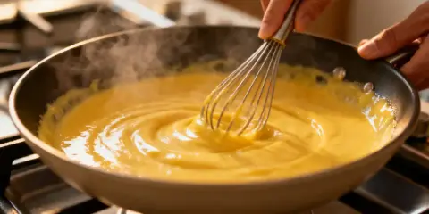 Mains d'un cuisinier fouettant une sauce hollandaise crémeuse dans une poêle sur la cuisinière.