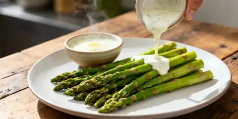 Une sauce hollandaise au siphon est versée sur des asperges vertes sur une assiette.