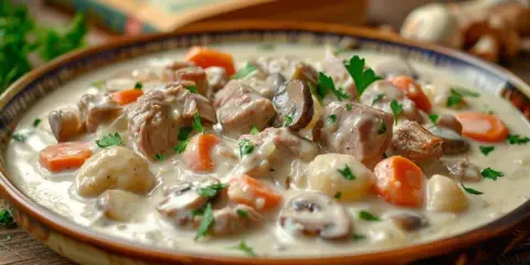 Blanquette de veau onctueuse, parsemée de carottes, champignons et persil. Un plat réconfortant préparé au Cookeo.