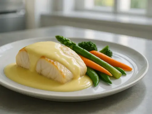 Filet de poisson nappé d'une onctueuse sauce beurre blanc, accompagné de légumes verts et de carottes.