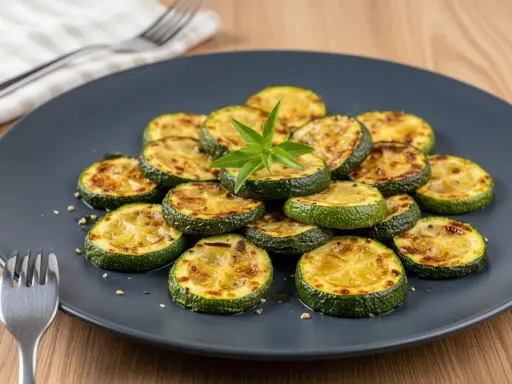 Rondes et grillées, ces courgettes au four sont présentées sur une assiette grise, garnies d'une touche de verdure. Un délice simple et savoureux.