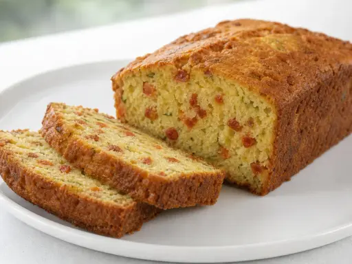 Tranche de cake salé au chorizo, parsemé de petits morceaux rouges et de fines herbes vertes.