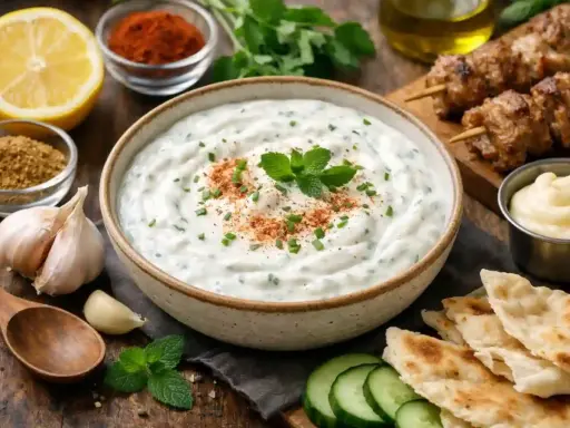 Un bol de sauce blanche kebab crémeuse, garnie d'herbes fraîches et d'épices. À côté, des brochettes de viande, du pain pita et des concombres.