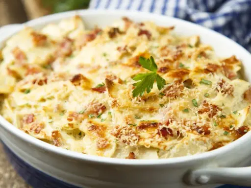 Un plat de tartiflette gratiné, doré et fumant, garni de lardons et de persil. Idéal pour savoir quel vin avec tartiflette.