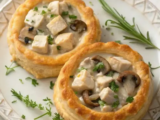 Deux vol-au-vent poulet crémeux, garnis de morceaux de poulet, de champignons et de persil frais, sur une assiette décorée.