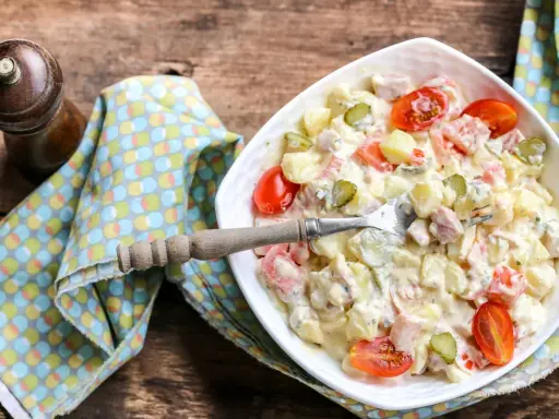 Salade piemontaise crémeuse avec pommes de terre, tomates cerises, cornichons et jambon. Un délice à déguster !