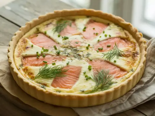 Une délicieuse quiche au saumon, garnie d'aneth frais et de ciboulette, prête à être dégustée.