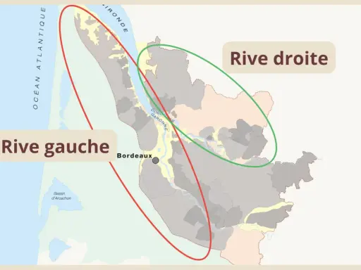 Carte des vignobles de Bordeaux, délimitant la rive gauche (rouge) et la rive droite (verte), avec l'océan Atlantique et le bassin d'Arcachon.