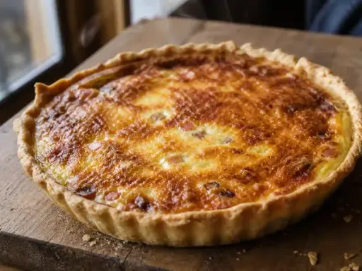Une quiche lorraine dorée et appétissante, prête à être dégustée. Parfaite pour une recette facile et savoureuse.