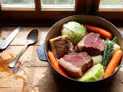 Un plat mijoté de potee au chou, avec des morceaux de bœuf, des carottes, du chou et des herbes, prêt à être cuit.