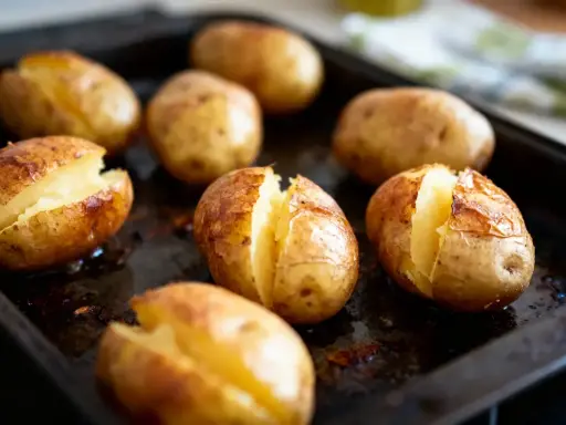 Plusieurs pommes de terre au four, dorées et fendues, sur une plaque de cuisson.