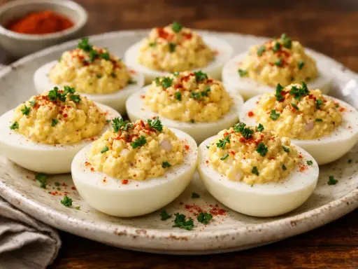 Plate of delicious oeufs mimosa, garnished with paprika and parsley.