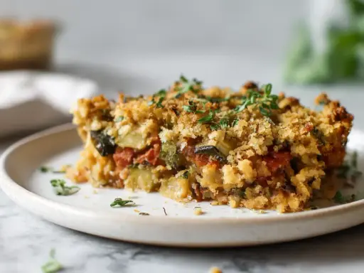 Tranche de crumble de légumes, dorée et croustillante, garnie de thym frais. Un délice végétarien réconfortant.