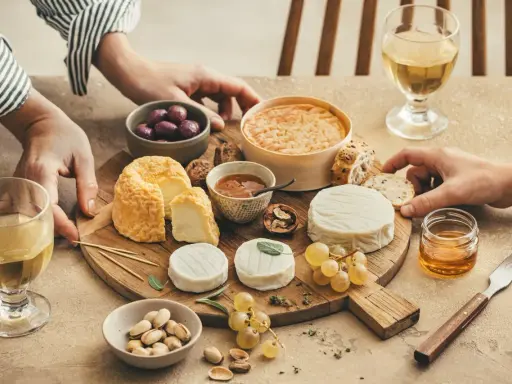 Un tableau accord vin et fromage avec divers fromages, olives, noix, raisins, pistaches et miel.