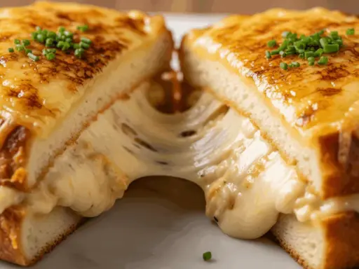 Un fromage croque monsieur dégoulinant, garni de ciboulette fraîche. Le fromage fondu s'étire entre les deux moitiés du sandwich grillé.