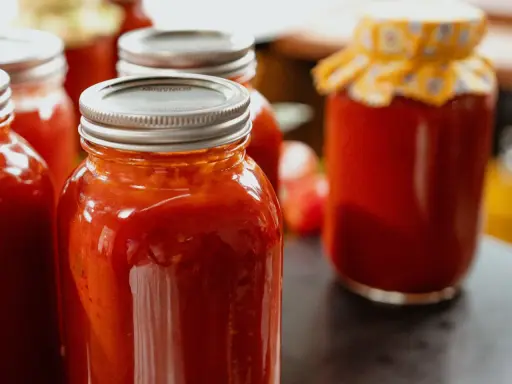 Plusieurs bocaux remplis de coulis de tomates maison, prêts à être dégustés.